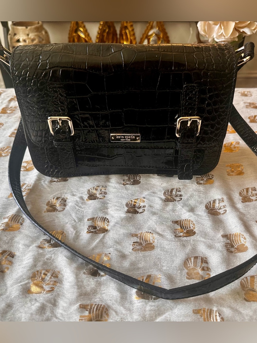 Kate Spade - Black Croc-Embossed Crossbody Bag with Gold Hardware